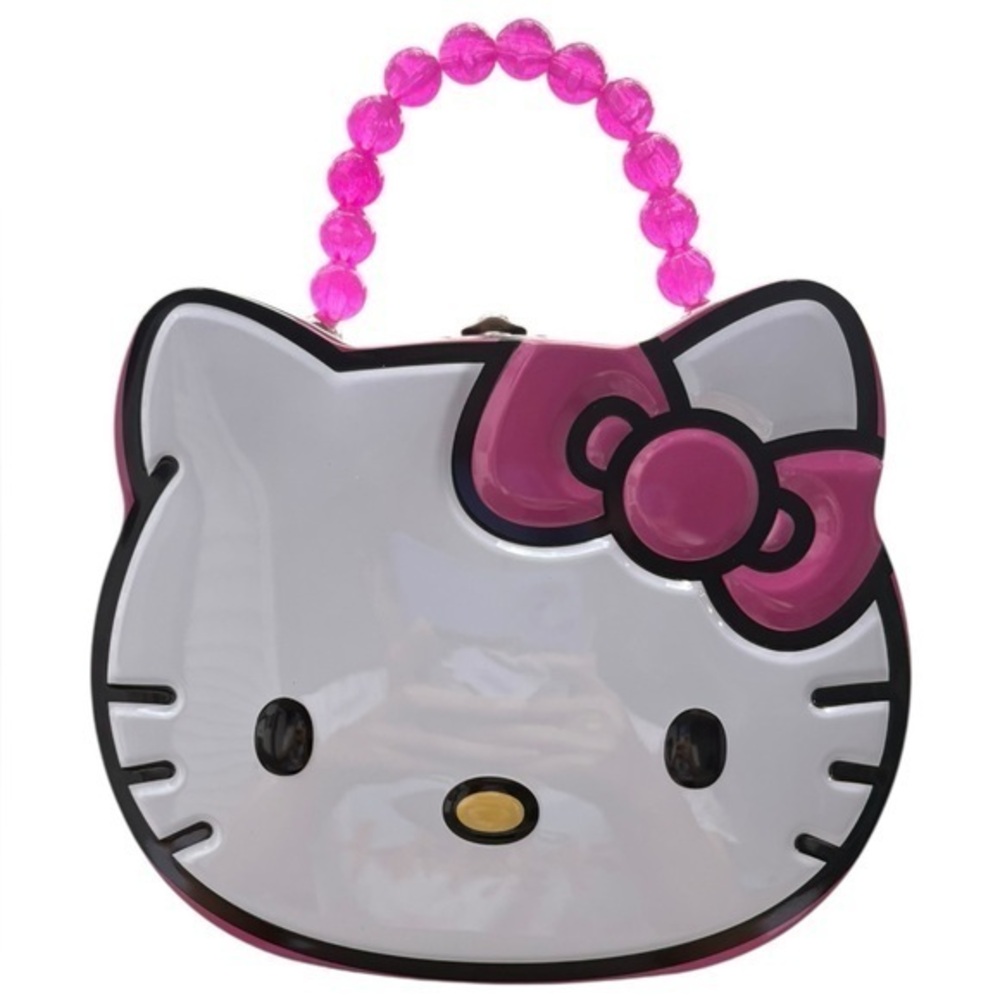 Sanrio Hello Kitty Face Pink and White Bead Handle Tin Lunch Box Purse